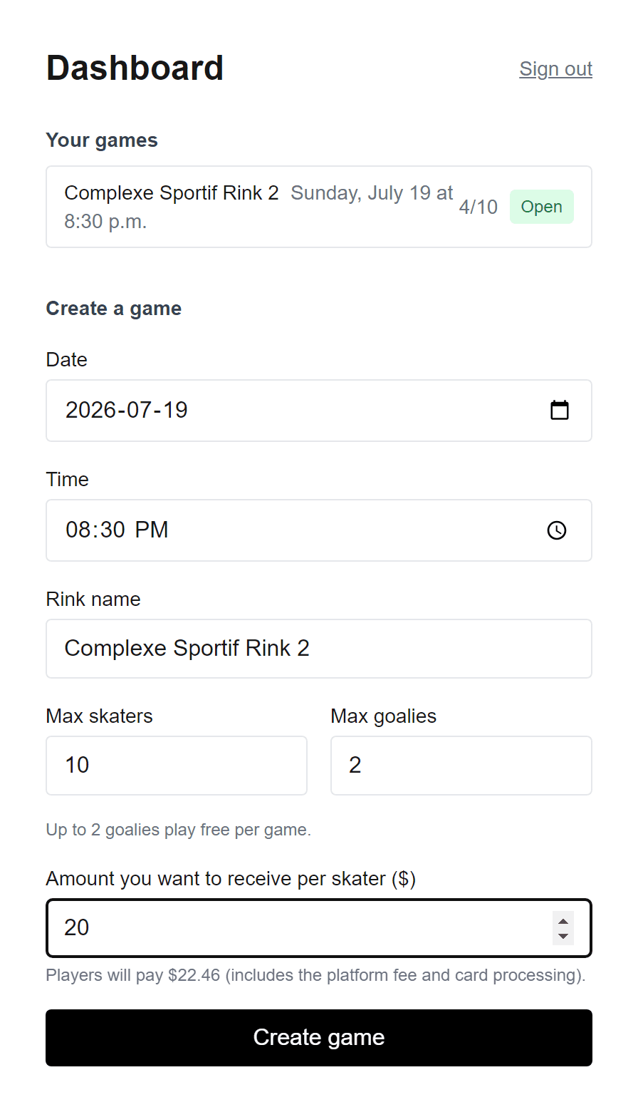 The BenchCaptain create-game form with rink, date, roster size, and payout amount filled in